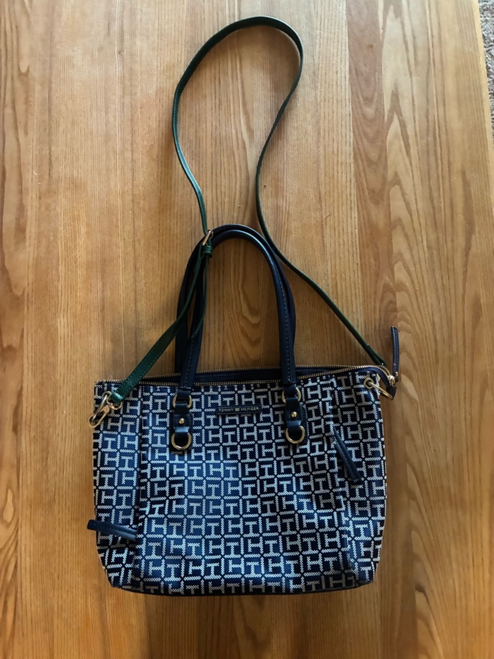 Tommy Hilfiger Navy & White Monogram Satchel with Green Strap
